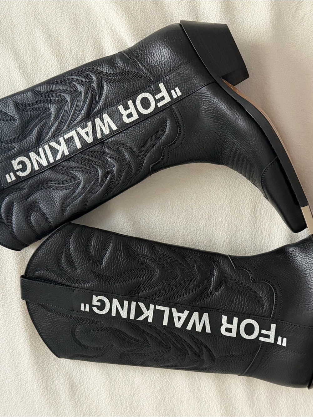 Off-White Black Leather Western Heeled Boots with White "FOR WALKING" Text